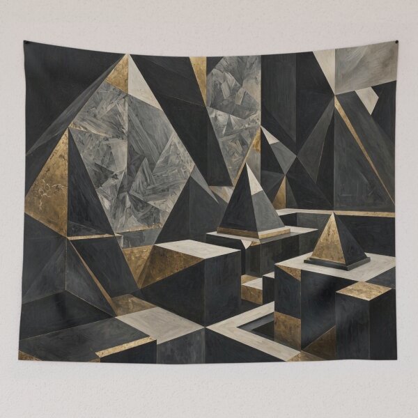 Item preview, Dark Geometric Pyramids - Gold & Black Abstract Cubism Art designed and sold by Dogandesighn.