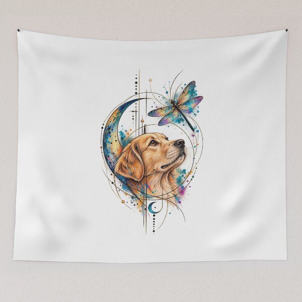 Item preview, Golden Dog Portrait with Butterfly and Crescent Moon designed and sold by MichalHau.