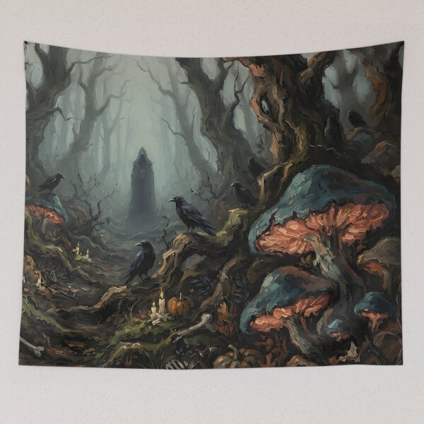 Item preview, Dark Fantasy Haunted Forest with Glowing Mushrooms and Ravens designed and sold by cr6zym1nd.