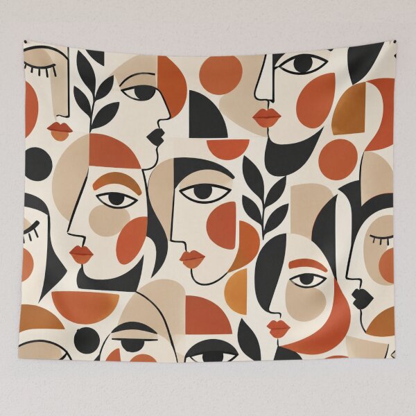 Item preview, Abstract Cubist Line Art Faces Terracotta Boho Seamless Pattern designed and sold by Shivora Studio.