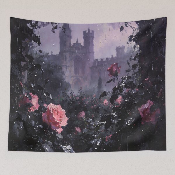 Item preview, Gothic Rose Garden in the Rain with Haunted Castle, Dark Romantic Fantasy Landscape designed and sold by cr6zym1nd.