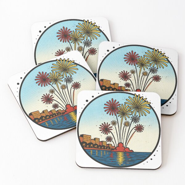 Item preview, Fireworks Over the Ocean – Retro Pop Art Tropical Night Celebration designed and sold by GeEeN.