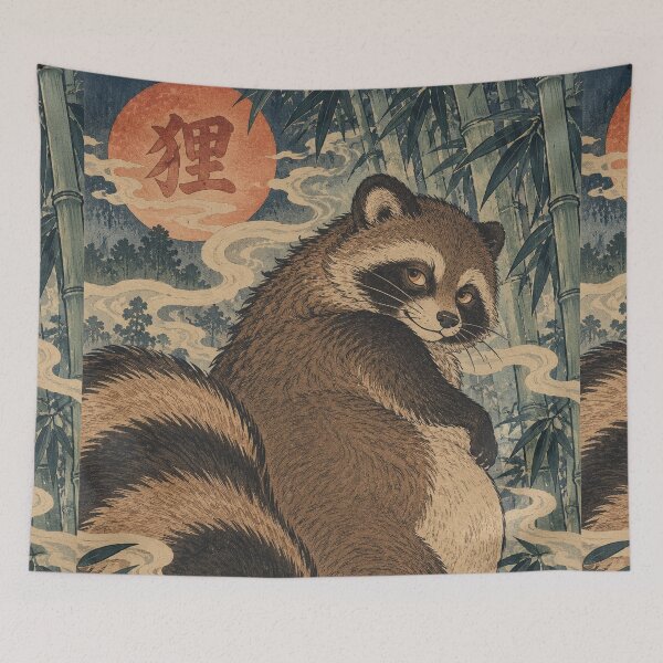 Item preview, Japanese Bake-danuki Yokai - Tanuki in Misty Bamboo Forest designed and sold by bapupa.