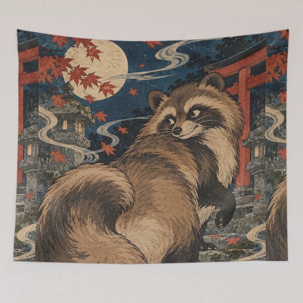 Item preview, Japanese Bake-danuki Yokai - Tanuki on Moonlit Shrine Steps designed and sold by bapupa.