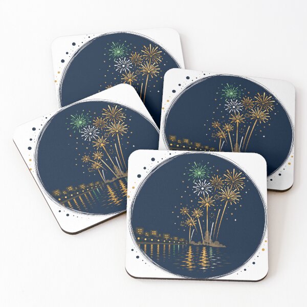 Item preview, Fireworks Over a Tropical Bay – Vintage Ocean Night Art designed and sold by GeEeN.