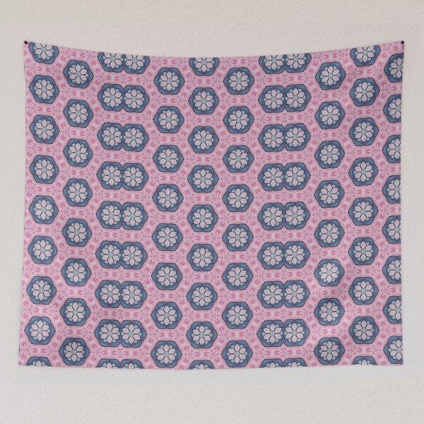 Item preview, Coral Pink Blush Slate Blue Indigo Honeycomb Starburst Hexagonal Mosaic Mandala - Duvet Cover designed and sold by ArithraStudio.