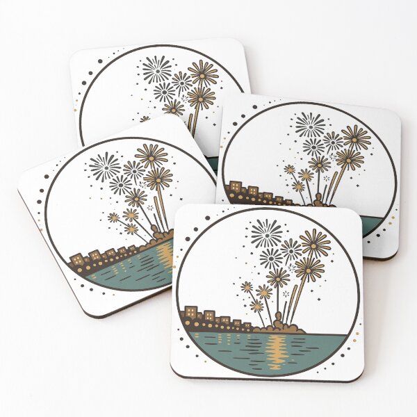 Item preview, Golden Fireworks Over the Ocean – Minimalist Vintage Night Art designed and sold by GeEeN.