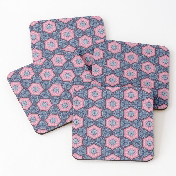 Item preview, Vibrant Coral Pink Slate Blue Indigo Honeycomb Starburst Mosaic Mandala - Duvet Cover designed and sold by ArithraStudio.