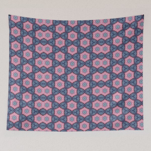 Item preview, Vibrant Coral Pink Slate Blue Indigo Honeycomb Starburst Mosaic Mandala - Duvet Cover designed and sold by ArithraStudio.