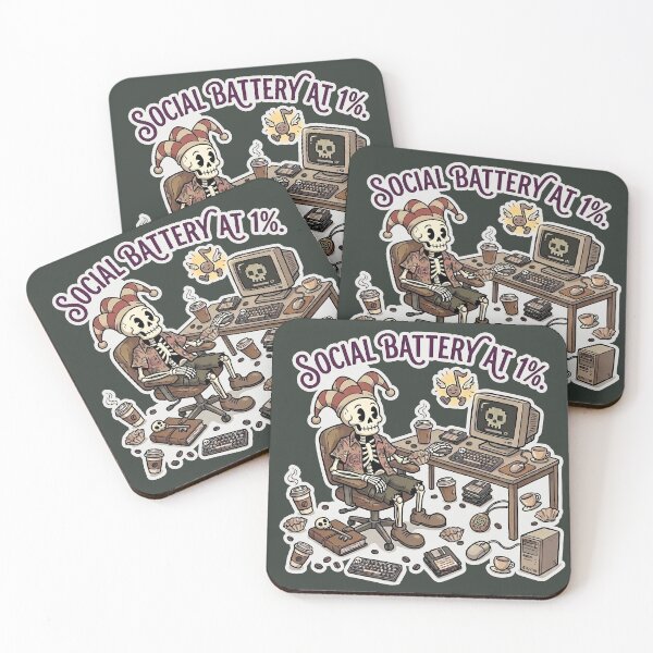 Item preview, Social Battery at 1% - Dark Tired Gamer Skeleton  designed and sold by BARNEY AND BONNIE- THE HAPPY SKELETONS.