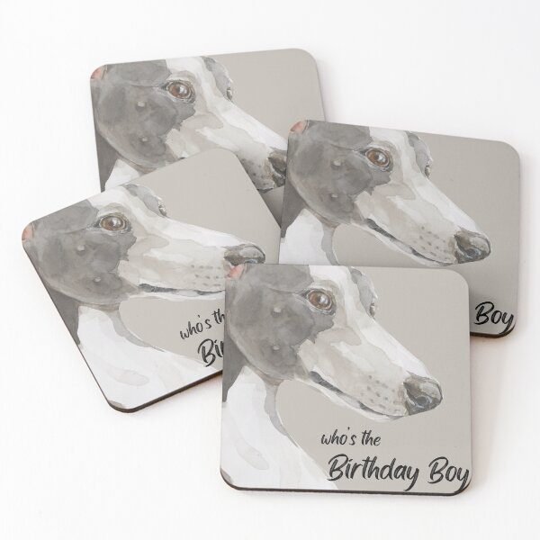 Item preview, Who's The Birthday Boy Watercolour Whippet Greyhound Card designed and sold by AffirmRedWords.