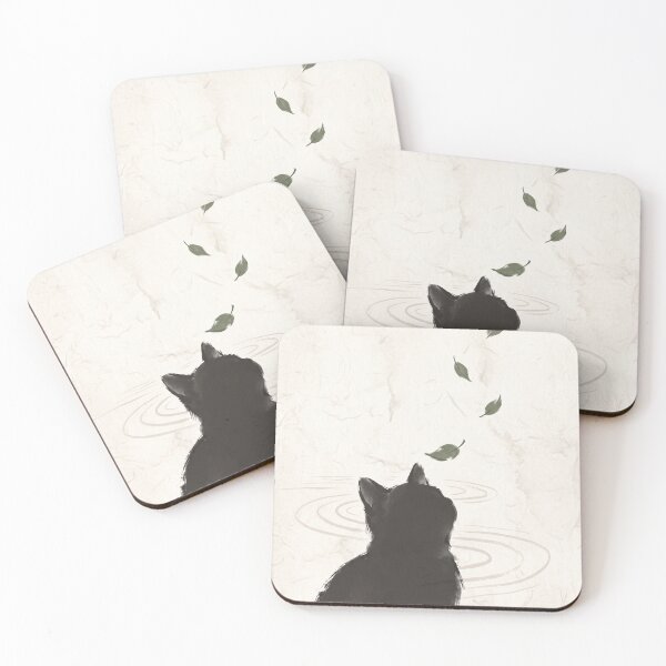 Item preview, Cat Silhouette Japandi Japanese Ink Art Falling Leaves Wabi Sabi Neutral Decor designed and sold by WabiSabiEssence.