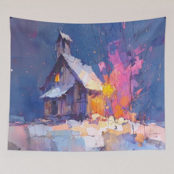 Item preview, Snowy Wooden Chapel on a Winter Night designed and sold by solynneart.