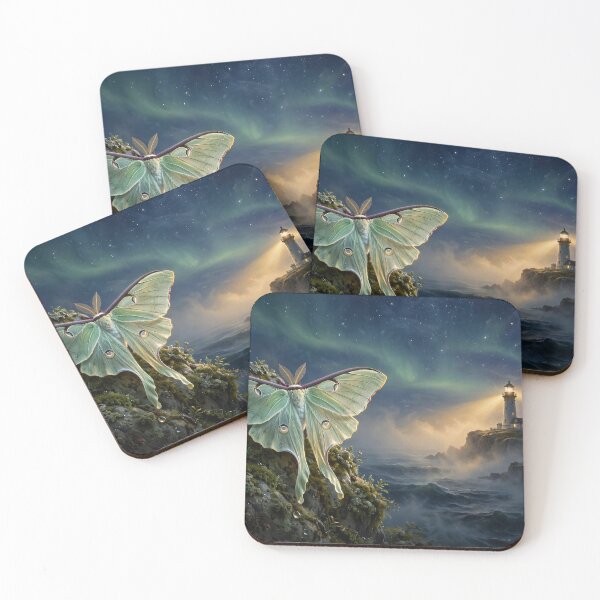 Item preview, Emerald Luna Moth – Aurora Lighthouse Fantasy designed and sold by DreamyWallVibes.