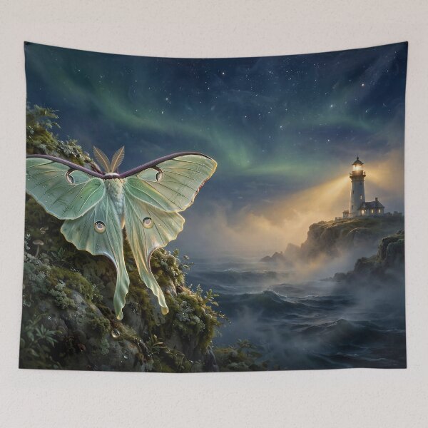 Item preview, Emerald Luna Moth – Aurora Lighthouse Fantasy designed and sold by DreamyWallVibes.