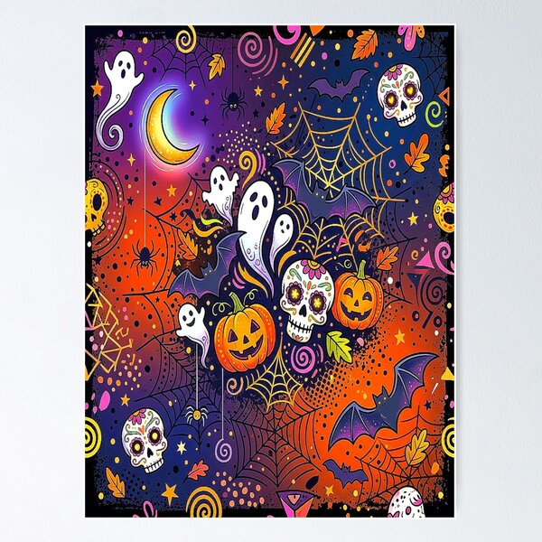 Item preview, Cute Vibrant Neon Halloween Ghosts, Pumpkins & Sugar Skulls Seamless Pattern. designed and sold by Giulivo Store Graphic.