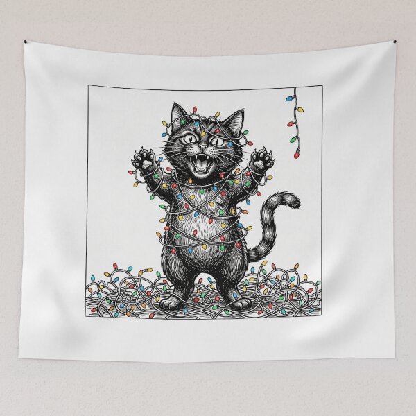 Item preview, Funny Black Cat Tangled in Christmas Lights Chaos Gift designed and sold by Sycamorre.
