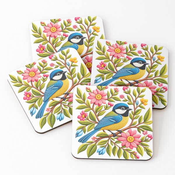 Item preview, Cute blue bird on green  twigs of colourful flowers designed and sold by Afnan Store.