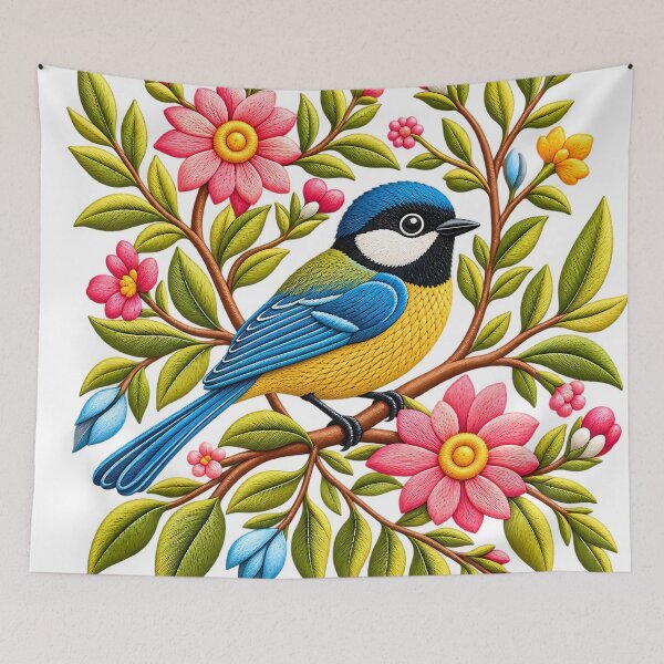 Item preview, Cute blue bird on green  twigs of colourful flowers designed and sold by Afnan Store.