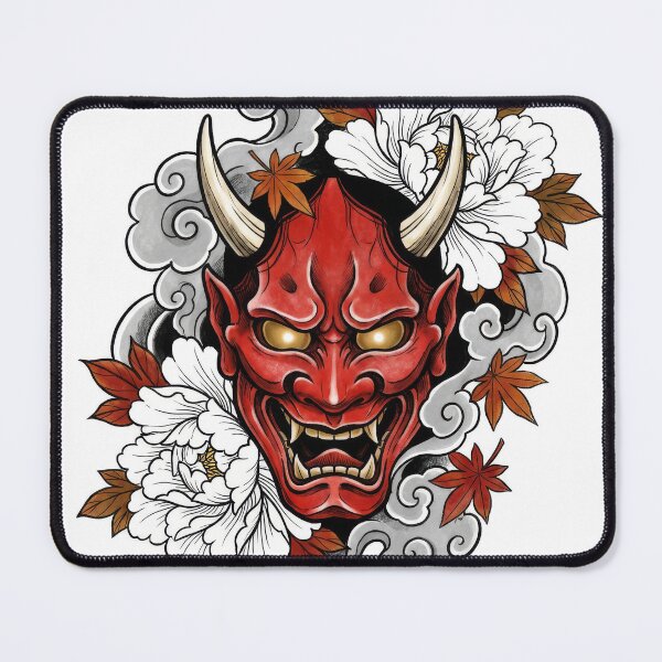 Item preview, Red Oni Mask – Japanese Tattoo Flash with Peonies designed and sold by MJVolt.