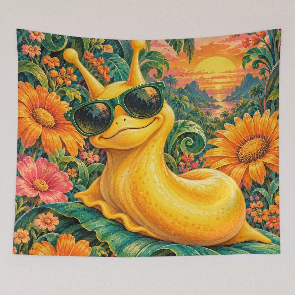 Item preview, Cute Yellow Slug in Tropical Flower Garden – Colorful Sunset Fantasy Art designed and sold by KateVil.