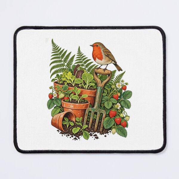 Item preview, Gardener Robin Seedlings Strawberry Botanical Bird Art designed and sold by TeNovaStudio.