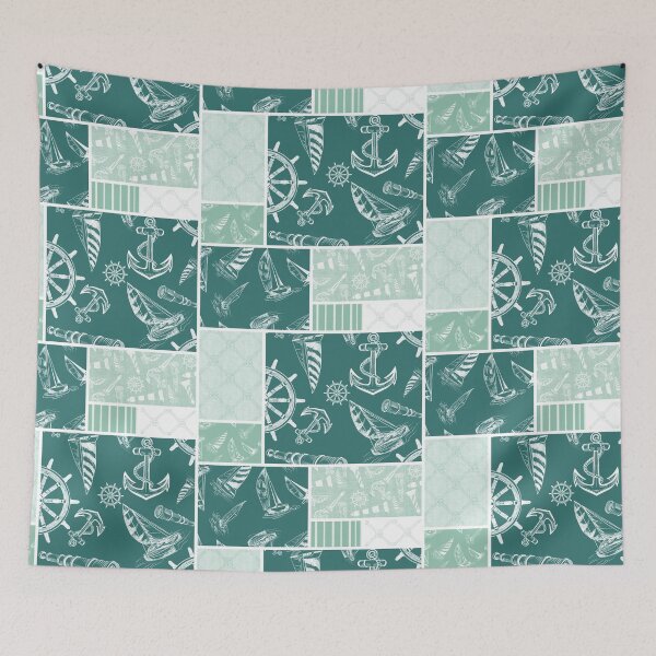 Item preview, Seafoam and Blue Green Quilt Design Nautical Charcoal Sketches Collection- Features Netting, Stripes, Nautical Items, and Lighthouse Designs designed and sold by PD-Coastal.