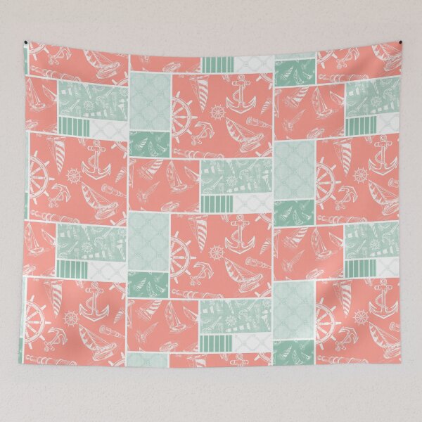Item preview, Seafoam and Coral Quilt Design Nautical Charcoal Sketches Collection- Features Netting, Stripes, Nautical Items, and Lighthouse Designs designed and sold by PD-Coastal.