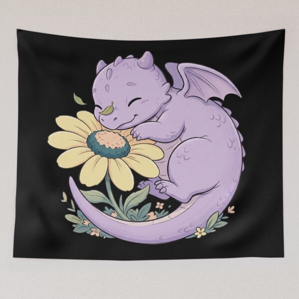 Item preview, Cute Baby Dragon Sleeping with Yellow Daisy Flower Fantasy designed and sold by mood-draftsman.