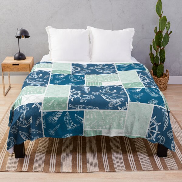 Item preview, Seafoam and Ocean Blue Quilt Design Nautical Charcoal Sketches Collection- Features Netting, Stripes, Nautical Items, and Lighthouse Designs designed and sold by PD-Coastal.