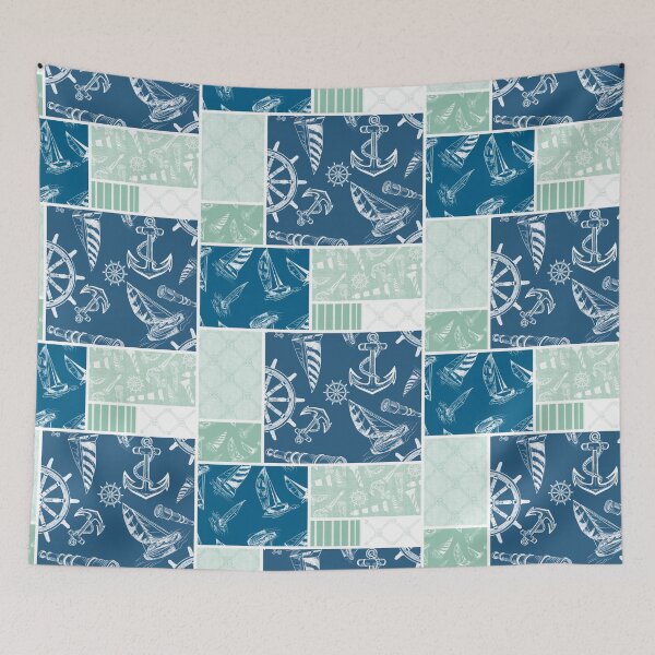Item preview, Seafoam and Ocean Blue Quilt Design Nautical Charcoal Sketches Collection- Features Netting, Stripes, Nautical Items, and Lighthouse Designs designed and sold by PD-Coastal.