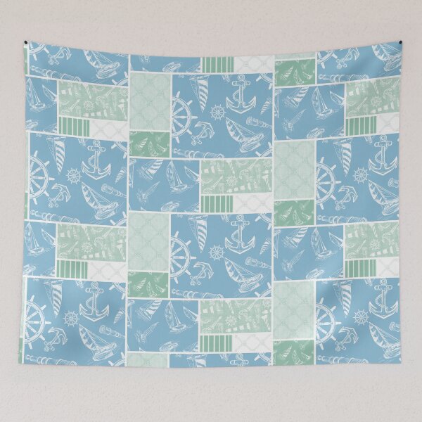 Item preview, Seafoam and Sky Blue Quilt Design Nautical Charcoal Sketches Collection- Features Netting, Stripes, Nautical Items, and Lighthouse Designs designed and sold by PD-Coastal.