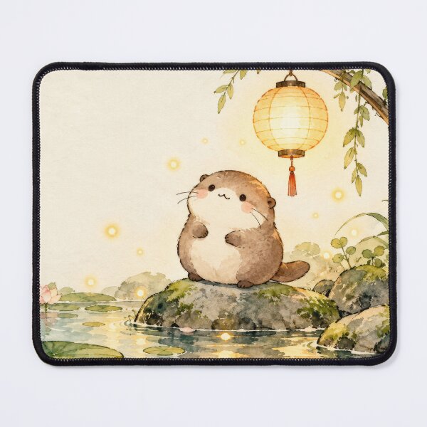 Item preview, Otter Beneath a Glowing Paper Lantern Beside a Lotus Pond designed and sold by AshiraCreations.