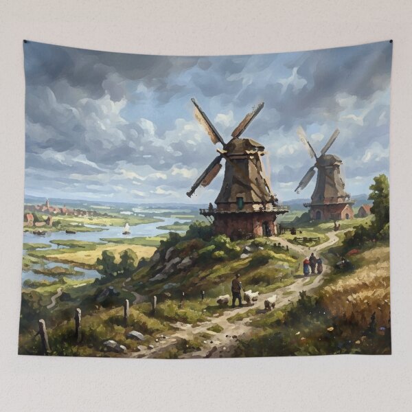 Item preview, Windmills overlooking a river landscape designed and sold by Sigtrix.