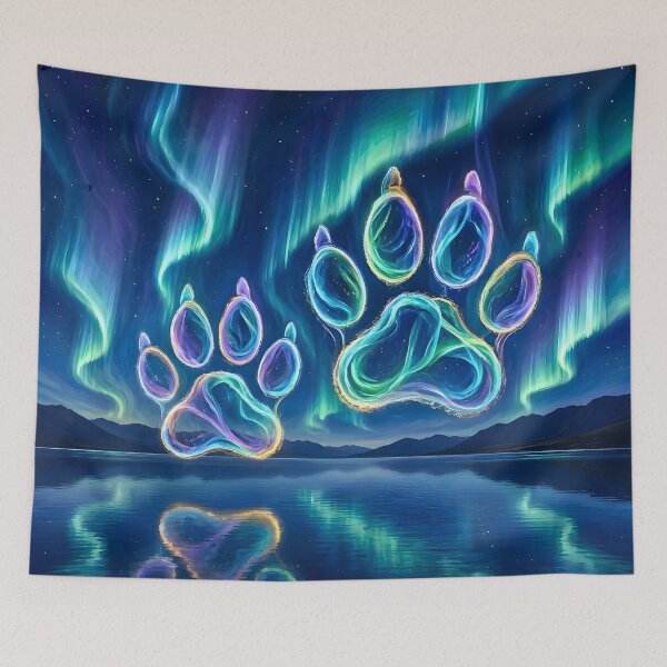 Item preview, Glowing Neon Paw Prints Under Northern Lights designed and sold by Sybille-Yates.