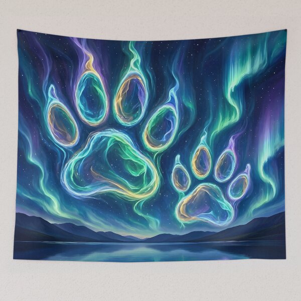 Item preview, Glowing Neon Paw Prints Under Northern Lights designed and sold by Sybille-Yates.