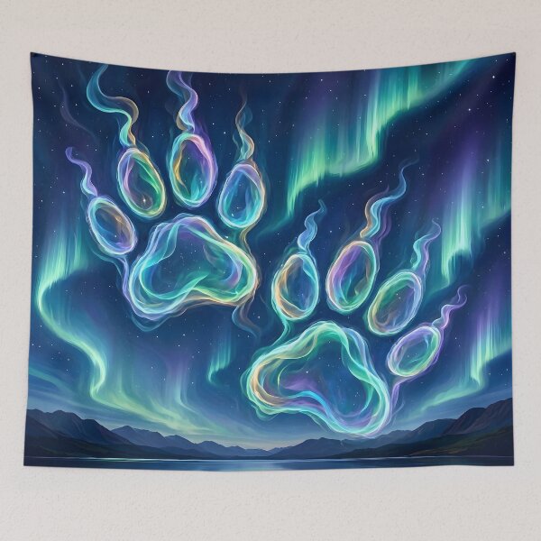 Item preview, Glowing Neon Paw Prints Under Northern Lights designed and sold by Sybille-Yates.