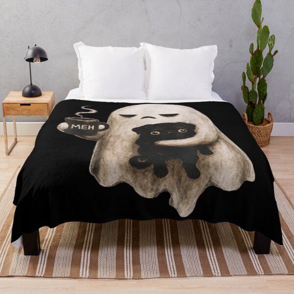 Item preview, Grumpy Ghost Holding Black Pug With Meh Coffee Cup Illustration designed and sold by PeaceTypo.
