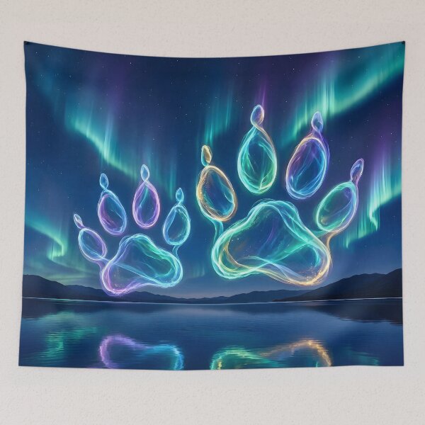 Item preview, Glowing Neon Paw Prints Under Northern Lights designed and sold by Sybille-Yates.