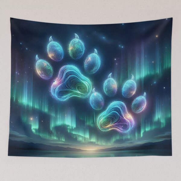 Item preview, Glowing Neon Paw Prints Under Northern Lights designed and sold by Sybille-Yates.
