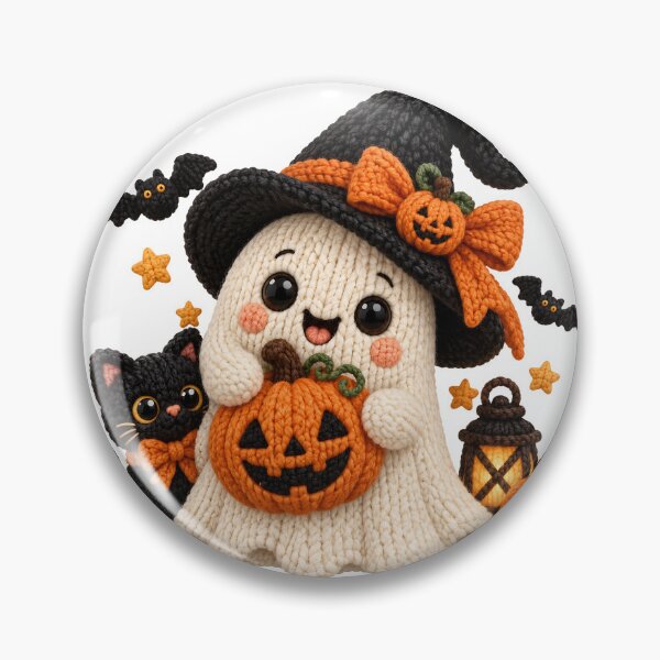 Item preview, Cute Halloween Ghost Witch with Black Cat and Pumpkin, Kawaii Spooky Season Magic with a Witch Hat, Jack-o’-Lanterns & Cozy Knitted Style designed and sold by Bali Beautiful.