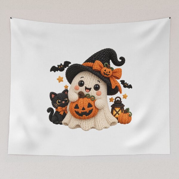Item preview, Cute Halloween Ghost Witch with Black Cat and Pumpkin, Kawaii Spooky Season Magic with a Witch Hat, Jack-o’-Lanterns & Cozy Knitted Style designed and sold by Bali Beautiful.