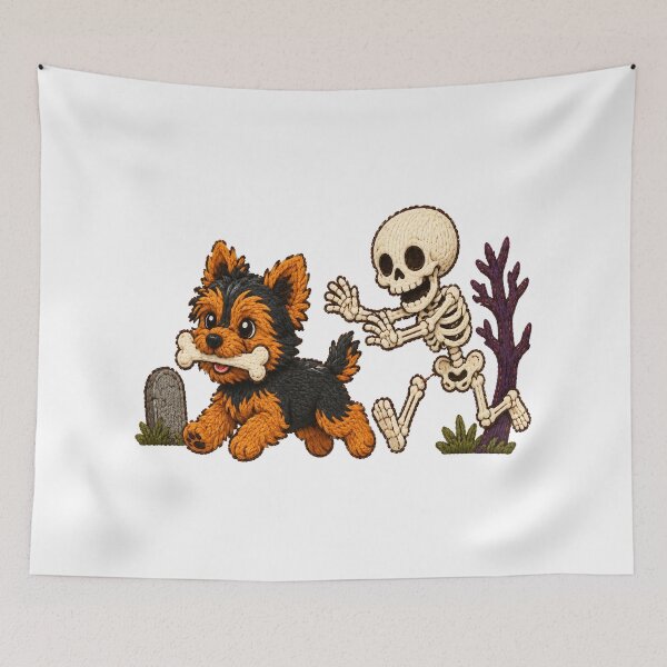 Item preview, Cute Halloween Yorkshire Terrier Dog and Friendly Skeleton, Kawaii Spooky Season Magic with Knitted Wool Texture Style designed and sold by Bali Beautiful.