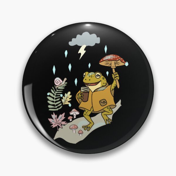 Item preview, Frog holding mushroom umbrella, walking on path with snail, leaves, mushrooms, rain cloud, and lightning cottagecore illustration designed and sold by LeshanArt.