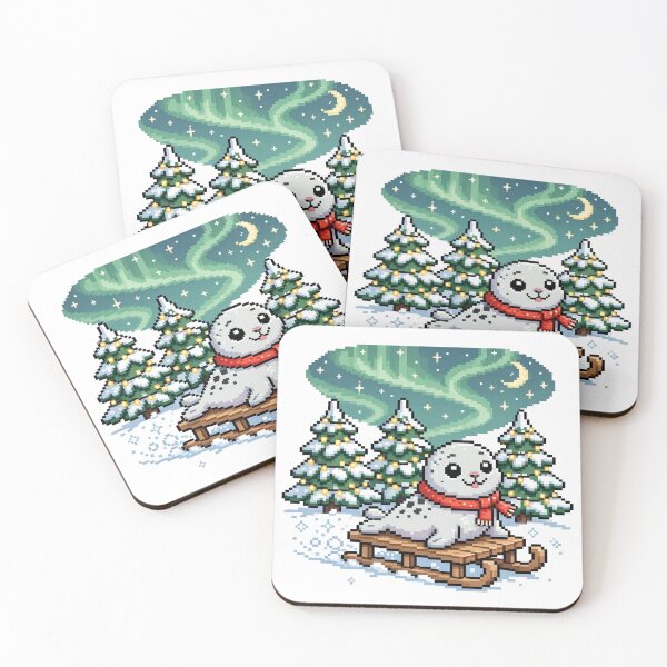 Item preview, Seal Pup Santa Scarf Pixel Art Christmas Sled Aurora designed and sold by Ebodega.