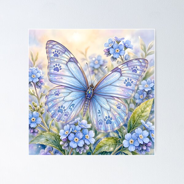 Item preview, Magical Blue Paw Print Butterfly and Forget-Me-Nots designed and sold by Sybille-Yates.