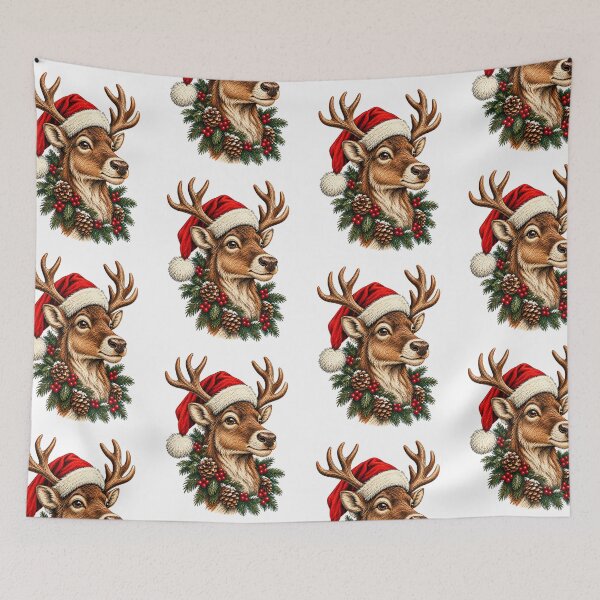 Item preview, Festive Holiday Wreath Reindeer with Santa Hat Pine Branches, Holly Berries and Pinecones  designed and sold by SOUFIANE1991.