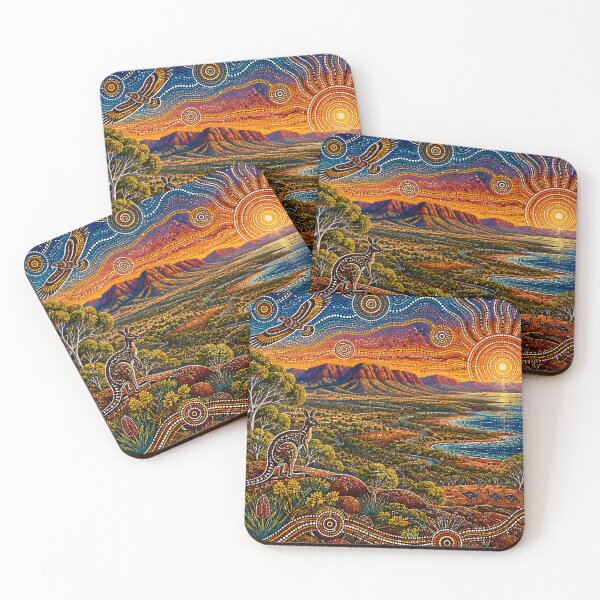 Item preview, Aboriginal Dot Painting Australian Landscape Sunset Kangaroo Eagle Pattern designed and sold by GrinGalore.