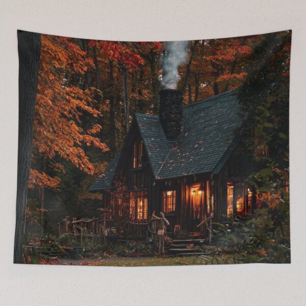 Item preview, Cozy Autumn Cabin in Forest — Warm Fall Foliage Cottagecore Landscape Art designed and sold by LYAN-STORE.