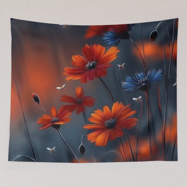 Item preview, Dark Floral Twilight Field — Vibrant Orange and Blue Wildflowers Art designed and sold by LYAN-STORE.